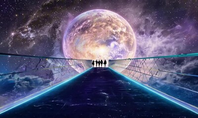 Wall Mural - A massive celestial bridge, composed of shifting stardust and glowing energy, stretches between two distant planets. Travelers walk across its surface, weightless