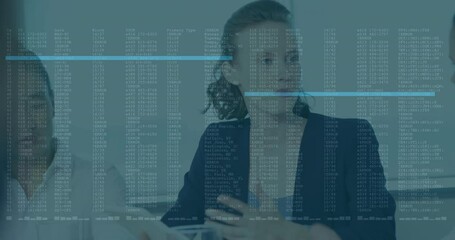 Poster - Discussing strategy, businesswoman with data processing animation overlay in office