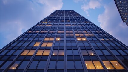 Aufkleber - Impressive view of a skyscraper from below highlighting its modern architecture and evening lights : Generative AI