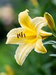 Poster - Beautiful close up of a fresh yellow lily flower with dew drops in a lush garden environment : Generative AI