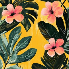Wall Mural - tropical foliage and blooms in vibrant digital design, warm yellow backdrop, lush green tones with p
