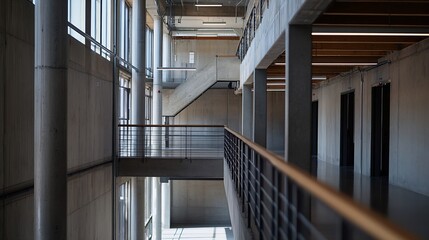 Poster - Spacious interior of a contemporary building featuring open stairs and large windows : Generative AI