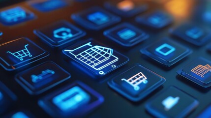Poster - Glowing shopping cart icon on digital interface.