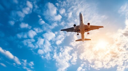 Poster - Commercial airplane flying against a backdrop of bright blue sky and fluffy white clouds at sunset : Generative AI
