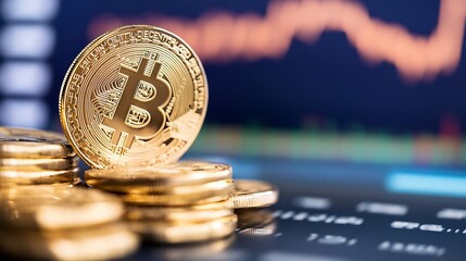 Leinwandbilder - Closeup of shiny gold bitcoins stacked on a digital transaction graph in a cryptocurrency market setting : Generative AI