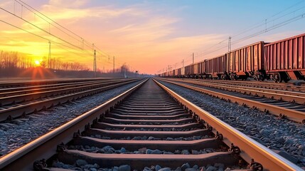 Poster - Scenic View of Train Tracks Leading into a Beautiful Sunset Landscape : Generative AI