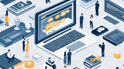 Leinwandbilder - Isometric illustration of people working together on a laptop, surrounded by data and files.