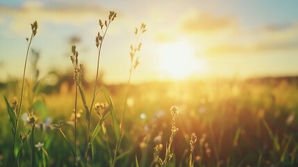 Poster - Warm sunlight cascading over tall grass and wildflowers in a peaceful summer landscape : Generative AI