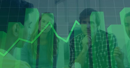 Poster - Business team analyzing financial graph animation overlay in office meeting