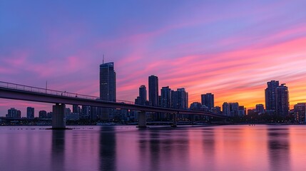 Aufkleber - Stunning urban skyline at sunset with vibrant colors reflecting on the water surface : Generative AI