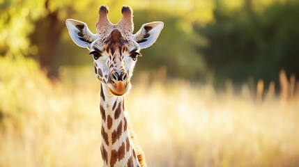 Poster - Charming portrait of a giraffe standing gracefully in a sunlit field during golden hour : Generative AI