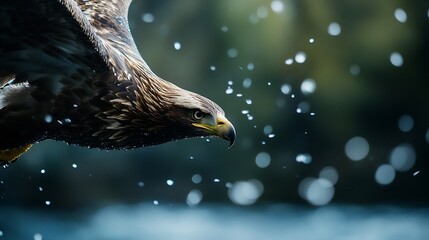 Poster - Dynamic eagle captured midflight in a stunning nature background with blurred greenery and droplets of water : Generative AI
