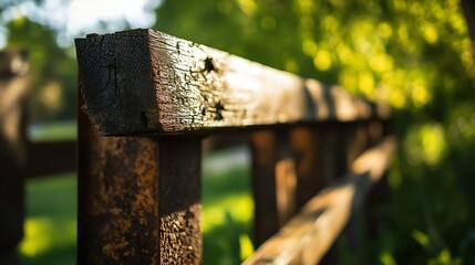 Aufkleber - Rusty wooden fence post illuminated by sunlight showcasing natural textures in an outdoor setting : Generative AI