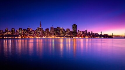 Poster - Stunning Panoramic View of San Francisco Skyline at Sunset Over Water Reflections : Generative AI