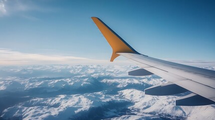 Poster - An airplane wing soaring over majestic snowcapped mountains beneath a clear blue sky : Generative AI