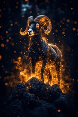 Wall Mural - a ram standing on top of a rock covered in fire