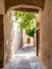 Poster - Charming narrow pathway with sunlit walls and greenery offering a glimpse into a traditional architecture : Generative AI