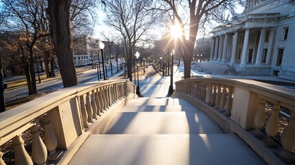 Aufkleber - Sunny path leading through urban landscape with decorative staircase and trees creating a tranquil environment : Generative AI