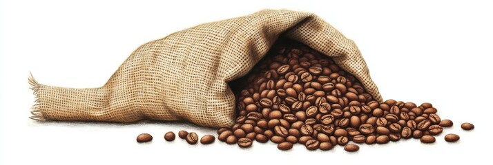 Poster - Burlap sack overflowing with fresh roasted coffee beans representing coffee production and trade in a rural setting