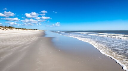 Aufkleber - Gorgeous sunny beach view with gentle waves lapping at the shoreline under clear blue skies inviting relaxation and escape : Generative AI