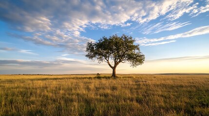 Aufkleber - Solitary tree on a vast landscape during sunset highlighting the beauty of nature and tranquility : Generative AI