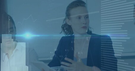 Poster - Discussing data analysis with graph overlay, businesswoman in modern office