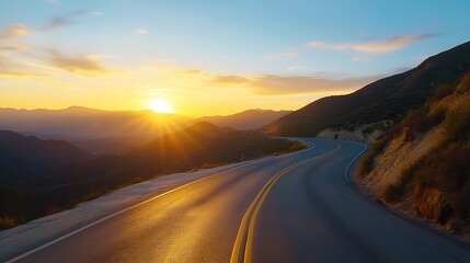Poster - Curvy mountain road at sunset with sun rays shining over the valleys and hills in the distance : Generative AI