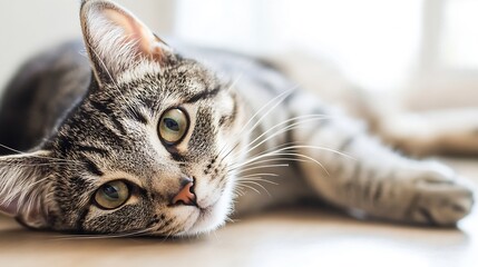 Poster - Playful and Curious Tabby Cat Relaxing Comfortably in Room with Natural Light : Generative AI