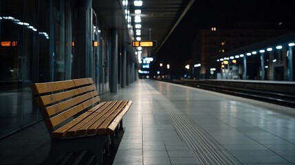 Aufkleber - Vacant Train Station Platform with Wooden Bench Under Bright Overhead Lights : Generative AI