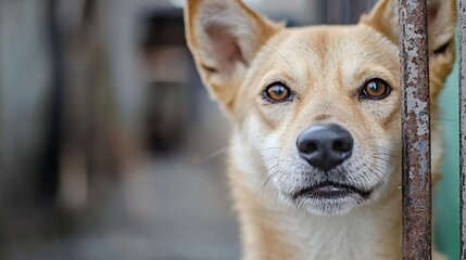 Poster - Closeup of an adorable tan dog looking through a fence with an engaging gaze in a rustic setting : Generative AI