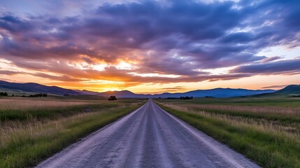 Poster - Wide open rural road leading towards the horizon with a stunning sunset painting the sky : Generative AI