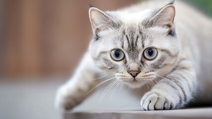 Poster - Curious Cat with Striking Blue Eyes in a Playful Pose on a Wooden Surface : Generative AI
