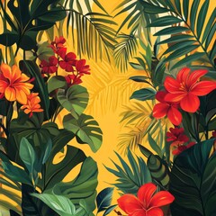 Wall Mural - tropical illustration in digital art style, lush green foliage and bright red flowers, warm yellow b