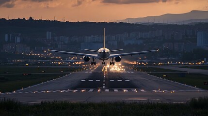 Poster - Airplane landing at sunset on a runway with city lights shining in the background creating a dramatic scene : Generative AI