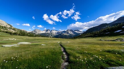 Poster - Picturesque Trail Leading Through a Vibrant Green Meadow with Mountain Backdrop and Blue Sky : Generative AI