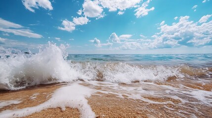 Poster - Beautiful ocean waves crash against the sandy shore under a bright blue sky : Generative AI