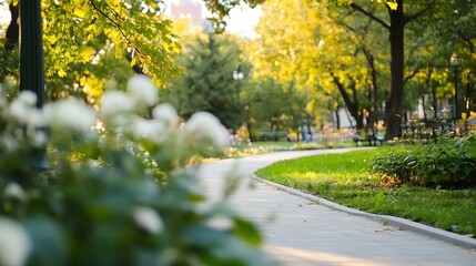 Poster - Charming park pathway embraced by sunlight filtering through lush greenery inviting relaxation : Generative AI