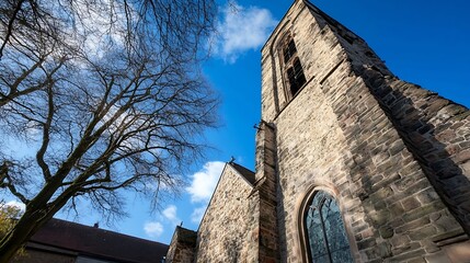 Aufkleber - Historic Church Tower Reaching Up to Clear Sky Surrounded by Leafless Trees in Daylight : Generative AI