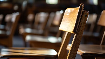 Aufkleber - Wooden chairs arranged in an empty hall with soft morning light illuminating the scene : Generative AI