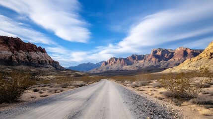 Poster - Scenic dirt road winding through rocky mountains under a bright blue sky and fluffy clouds : Generative AI