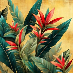 Wall Mural - tropical plants in digital art, rich green leaves and bright red flowers, warm golden background, cl