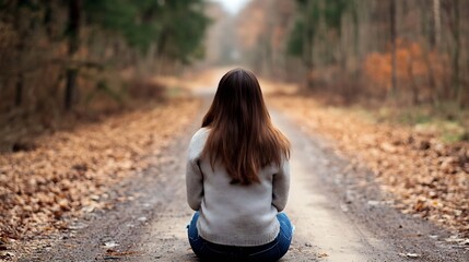 Poster - Woman sitting on a dirt road in a quiet forest area surrounded by autumn leaves : Generative AI