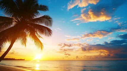 Poster - Gorgeous tropical beach at sunset with a silhouette of palm trees creating a serene island vibe : Generative AI