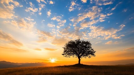 Poster - Majestic lone tree standing on hilltop during stunning sunset showcasing beauty of nature : Generative AI