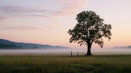 Aufkleber - Stunning solitary tree standing tall in a misty landscape during sunrise creating a stunning visual contrast : Generative AI