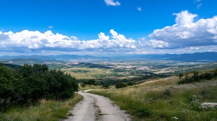 Poster - Scenic mountain road winding through lush green hills under a bright blue sky with clouds : Generative AI