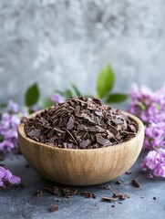 Aufkleber - Richly Shaved Chocolate Pieces in a Wooden Bowl Surrounded by Green Leaves and Flowers : Generative AI