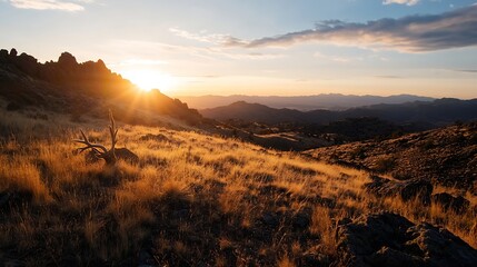 Fototapete - Breathtaking landscape of mountains and golden grass at sunset in nature : Generative AI