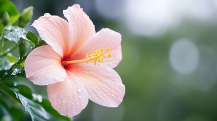 Poster - Delicate pink hibiscus flower with water droplets surrounded by lush green leaves representing nature's beauty : Generative AI