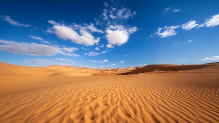 Poster - Expansive desert landscape with rolling sand dunes under a vibrant blue sky : Generative AI
